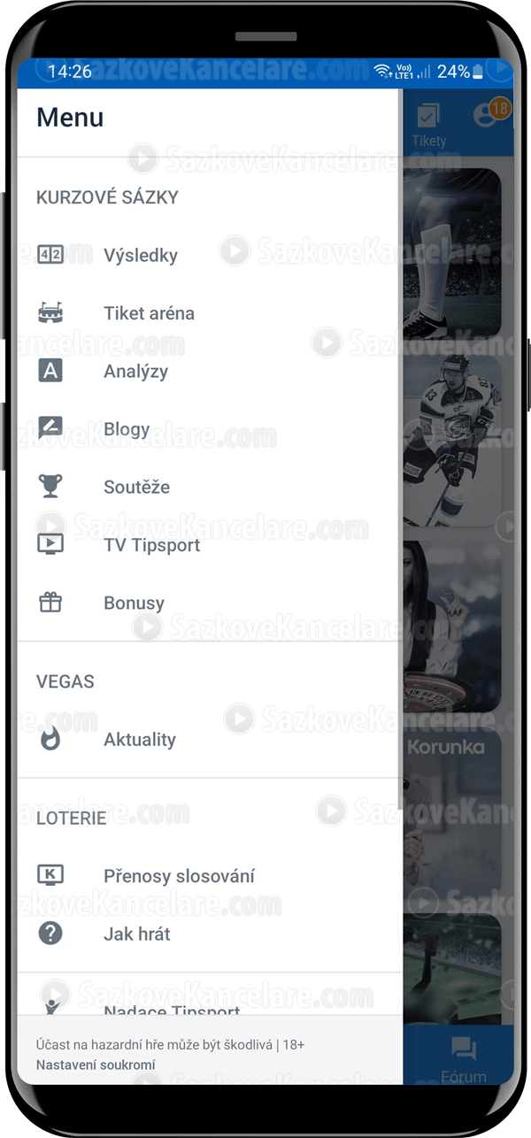 Vedlejší menu Tipsport aplikace