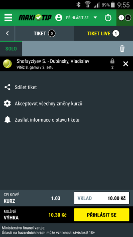 Tiket v mobilní aplikací MaxiTip