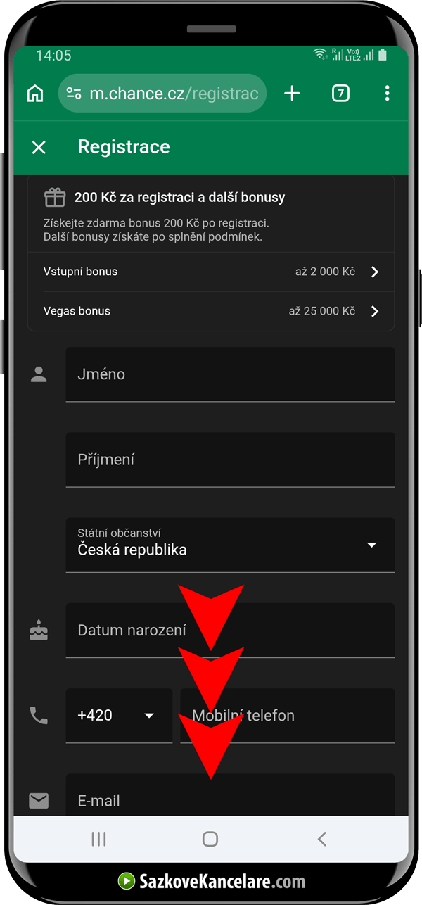 Registrační formulář sázkové kanceláře Chance na mobilu
