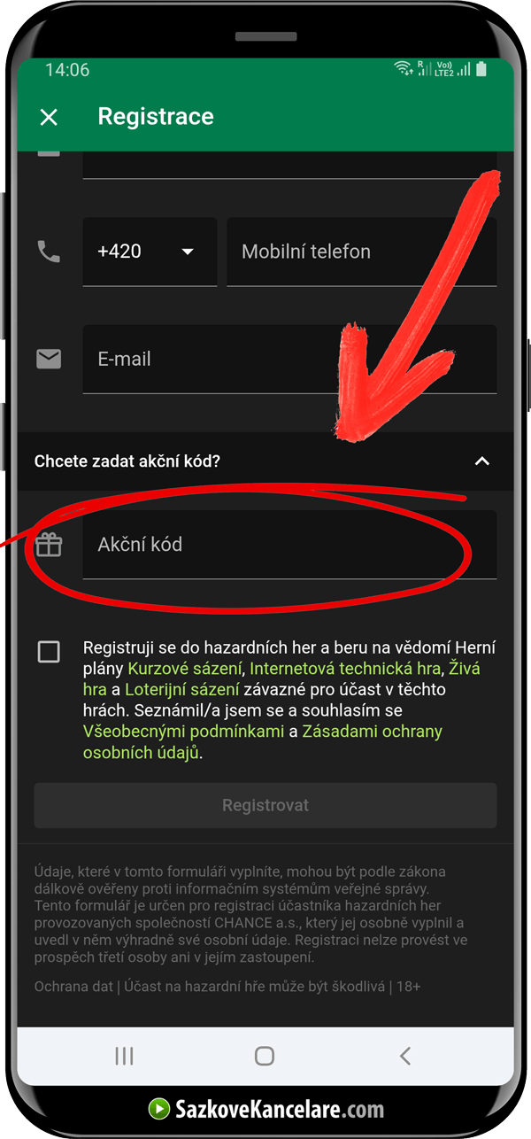 Detail pole, kde zadat akční kód v mobilu