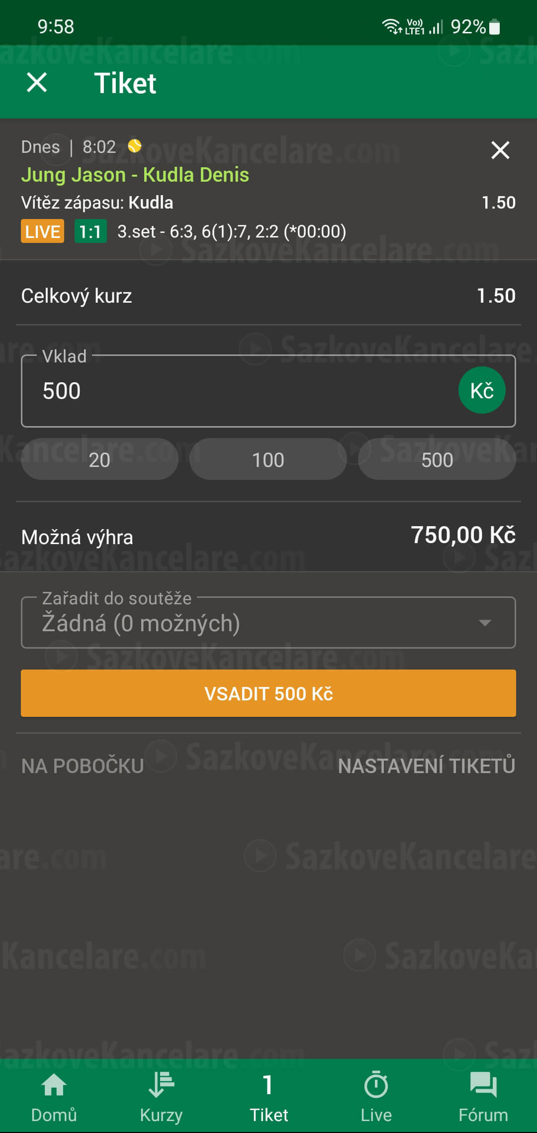 Live sázka v appce Chance
