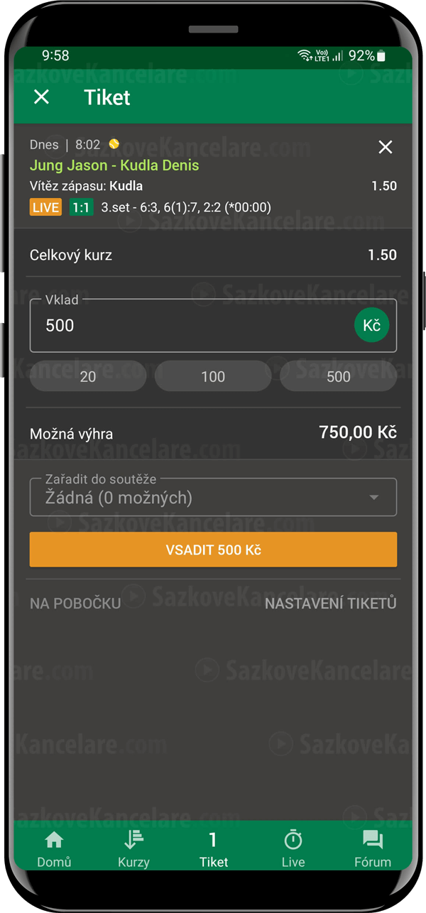 Live sázka v appce Chance