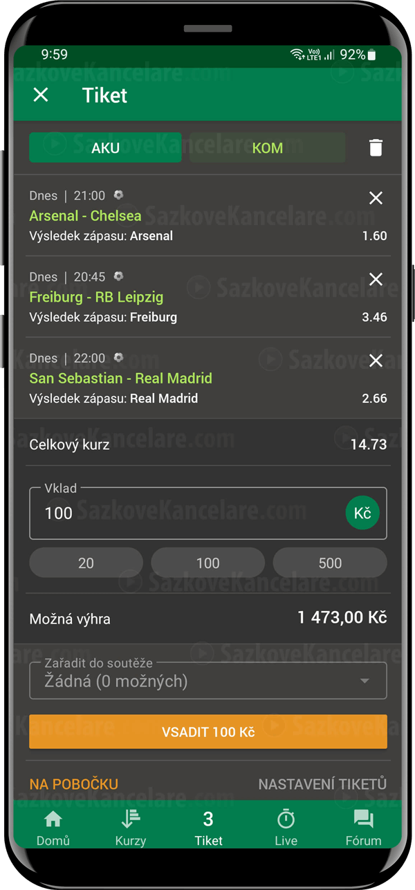 Live sázky v aplikací Chance