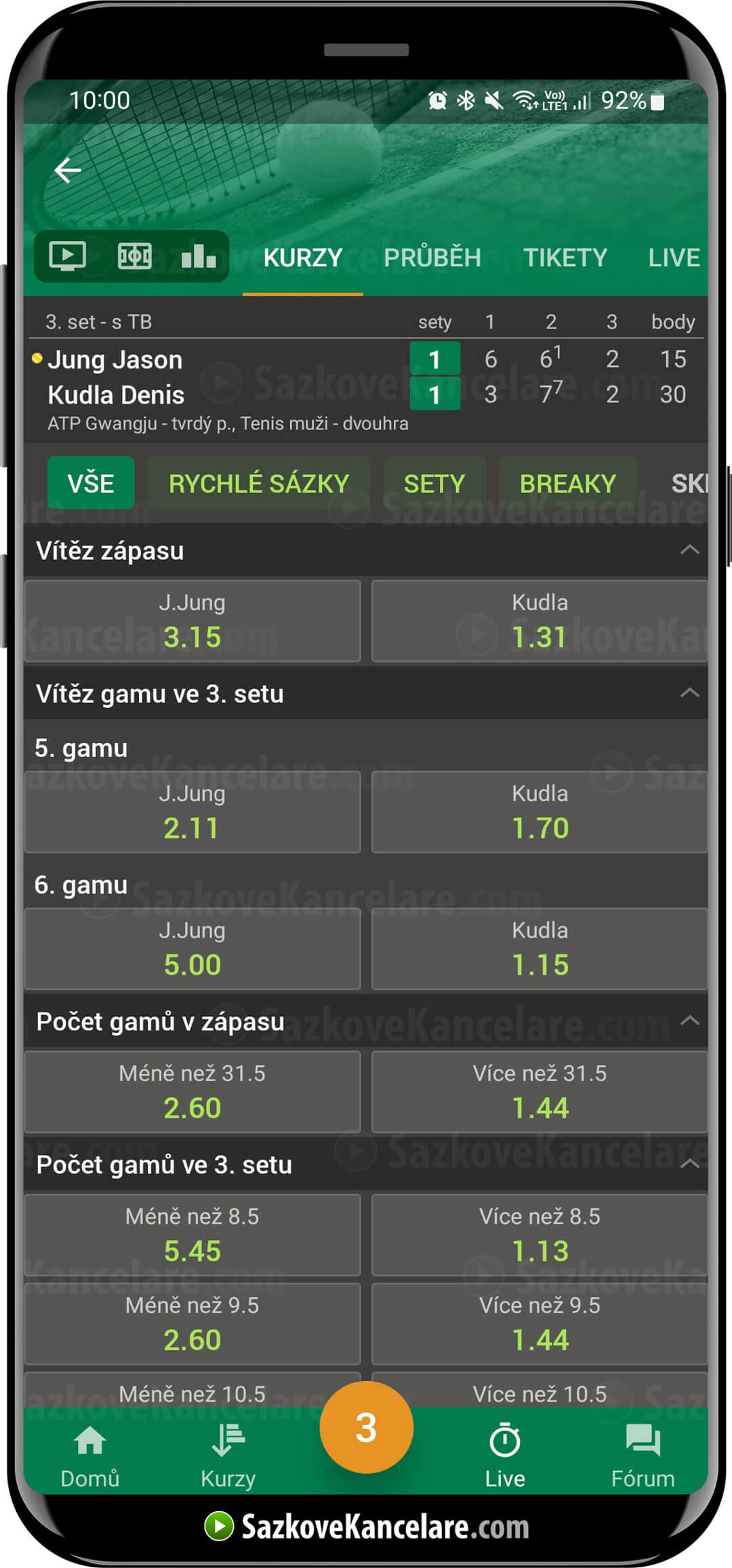 Live sekce v mobilní aplikaci od sázkové kanceláře Chance