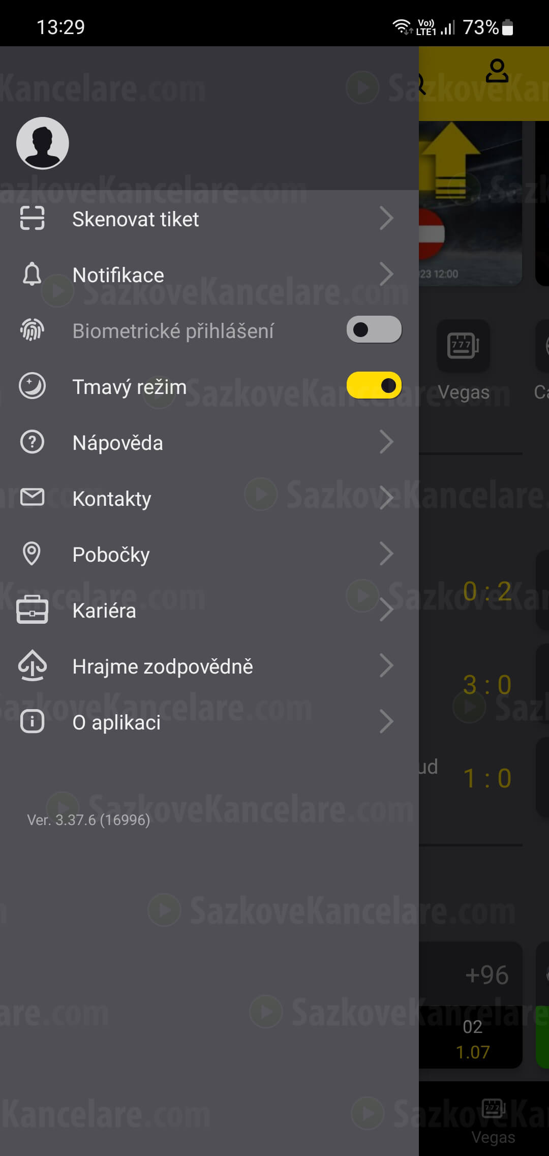 Boční menu v mobilní aplikaci Fortuna