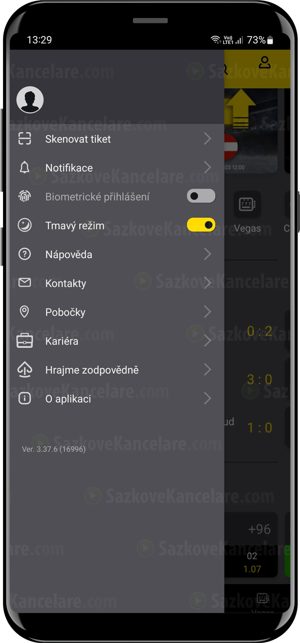 Boční menu mobilní aplikace iFortuna