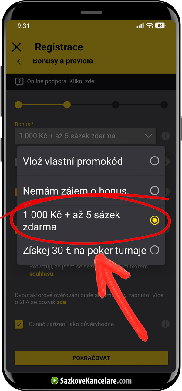 Vybraný bonus 1 000 Kč + až 5 sázek zdarma v registračním formuláři Fortuny
