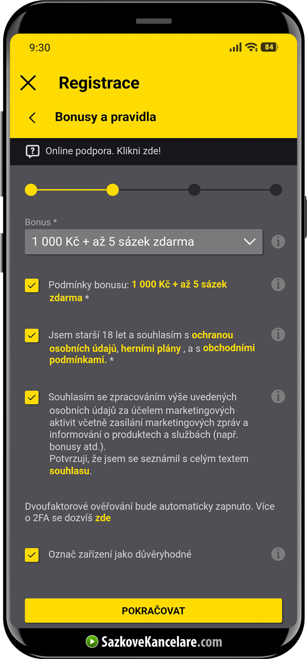 Výběr bonusu 1 000 Kč + až 5 sázek zdarma v nabídce při registraci ve Fortuně