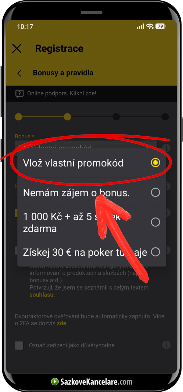 Výběr možnosti pro manuální zadání promo kódu u Fortuny
