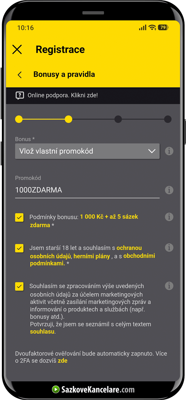 Ruční zadání promo kódu 1000ZDARMA při registraci ve Fortuně