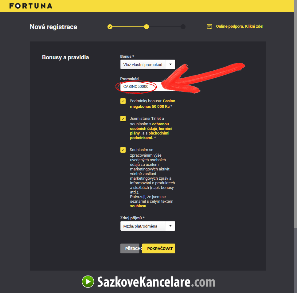 Screenshot registrace Fortuna – Promo kód CASINO50000