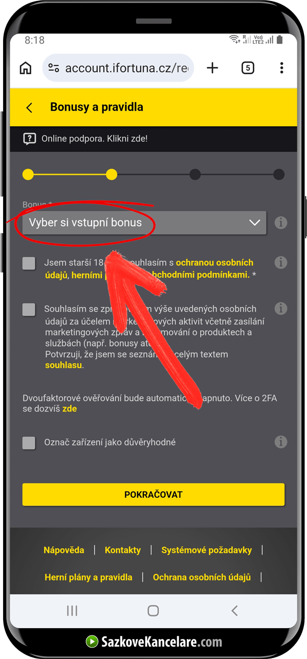 Registrační formulář Fortuna s polem pro výběr bonusu
