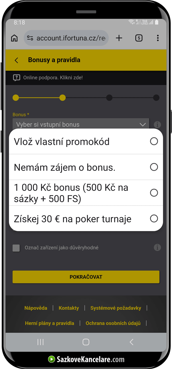 Menu s nabídkou bonusů a možností vložit vlastní bonusový kód