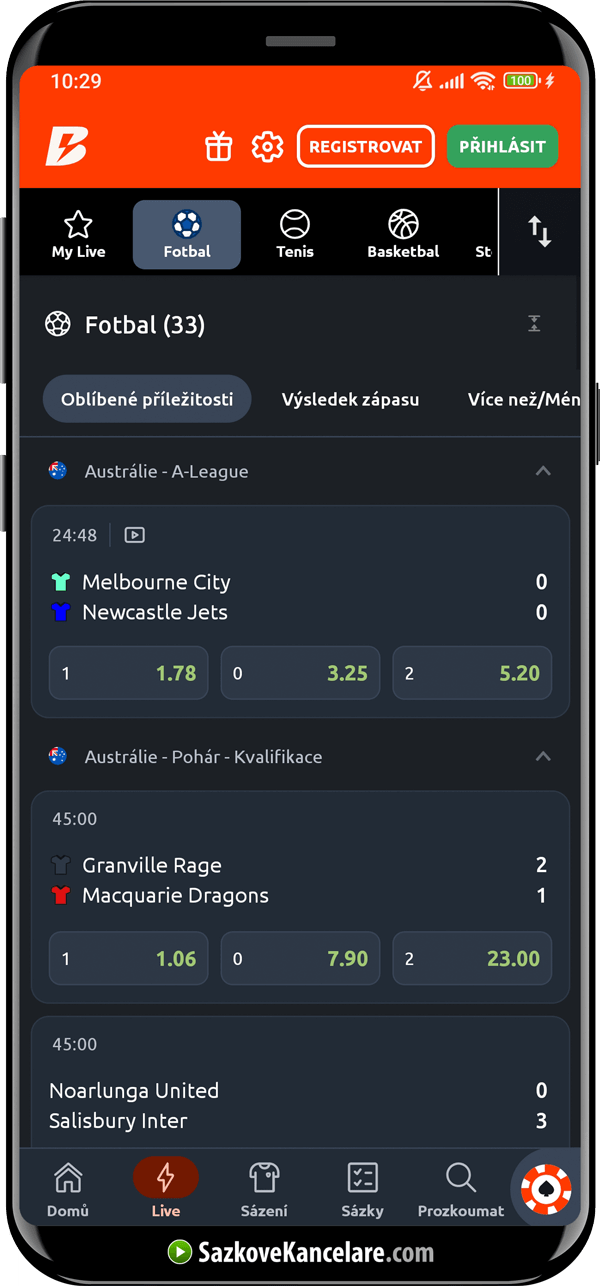 Live sázky v mobilní aplikaci Betano