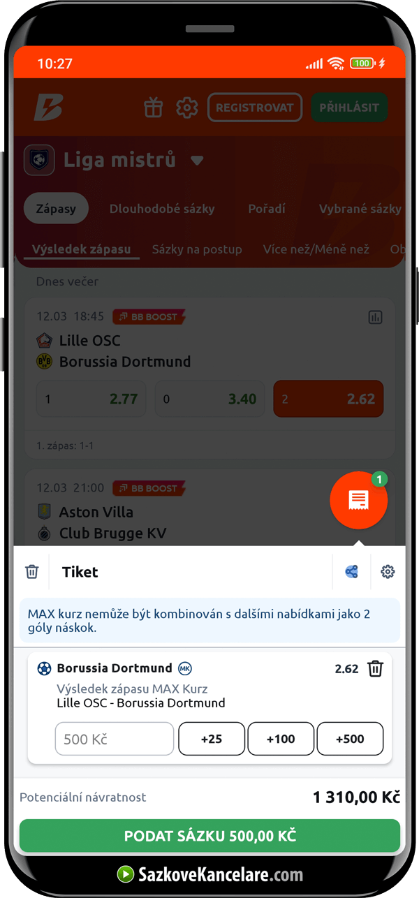 BetBuilder v mobilní aplikací Betano