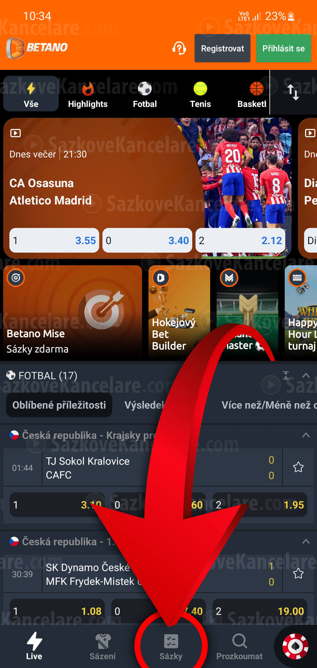Betano aplikace a její úvodní obrazovka