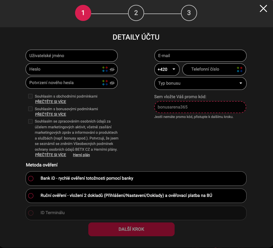 Zadání BetX promo kódu ve tvaru bonusarena365 v registračním formuláři