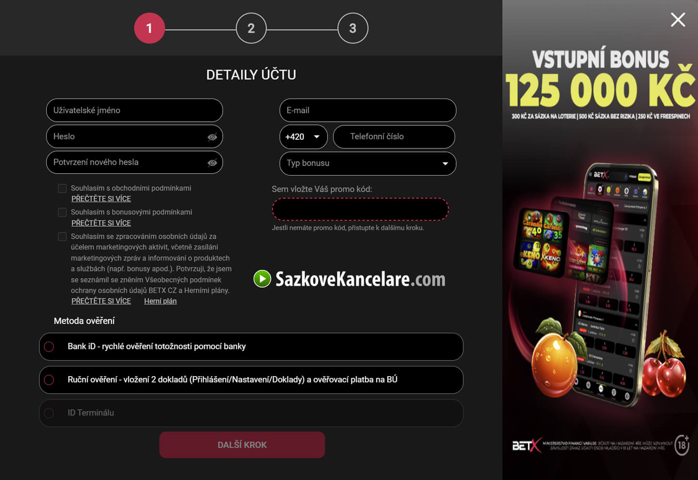 Registrační formulár v sázkové kanceláři BetX