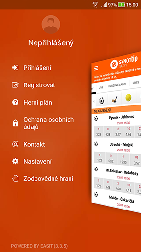 Boční menu před přihlásením do SYNOTtip aplikace