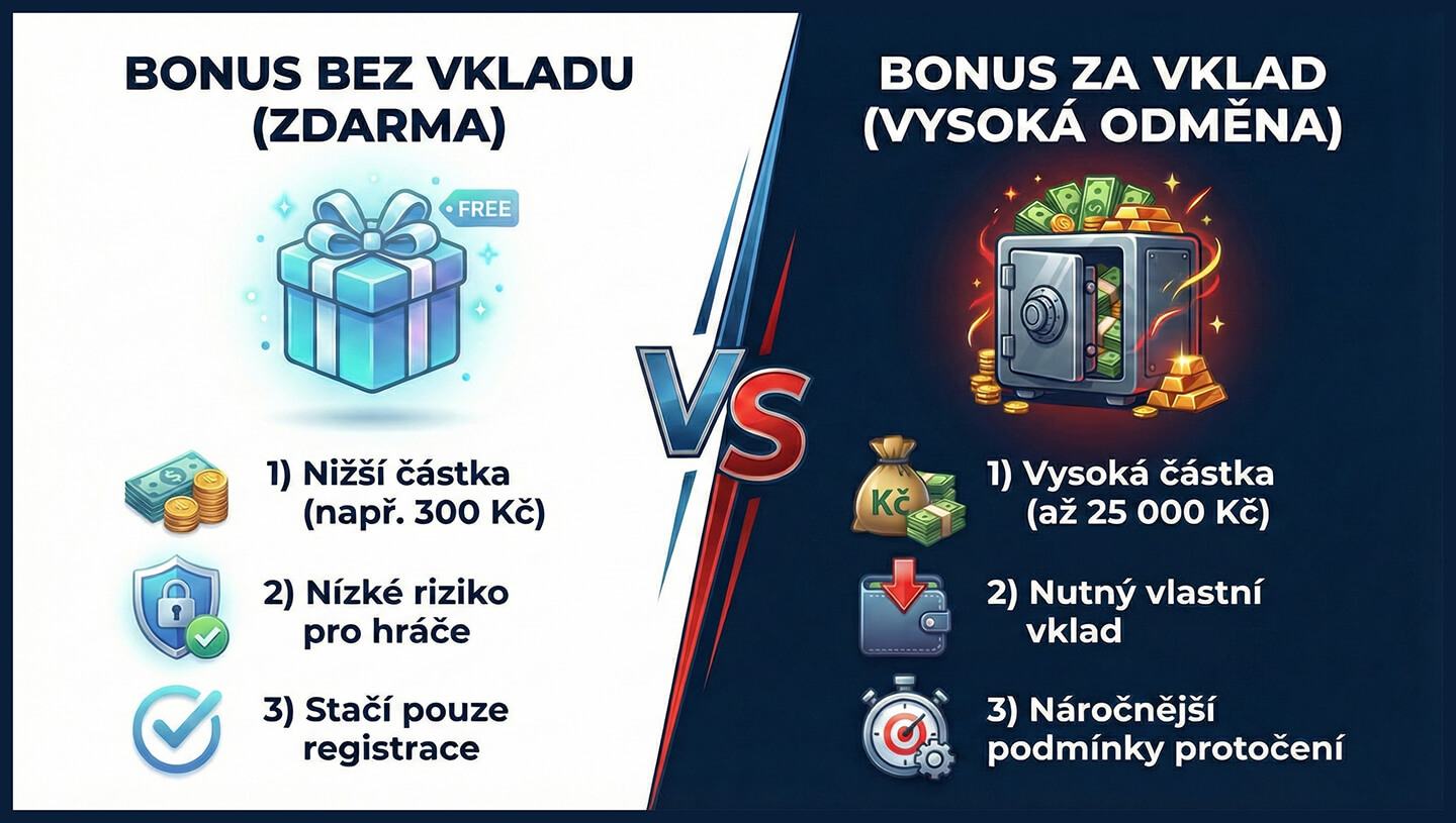 Srovnání bonusu bez vkladu vs. bonus za vklad