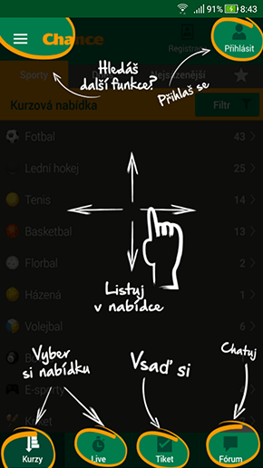 Nápověda při prvním spuštění Chance aplikace