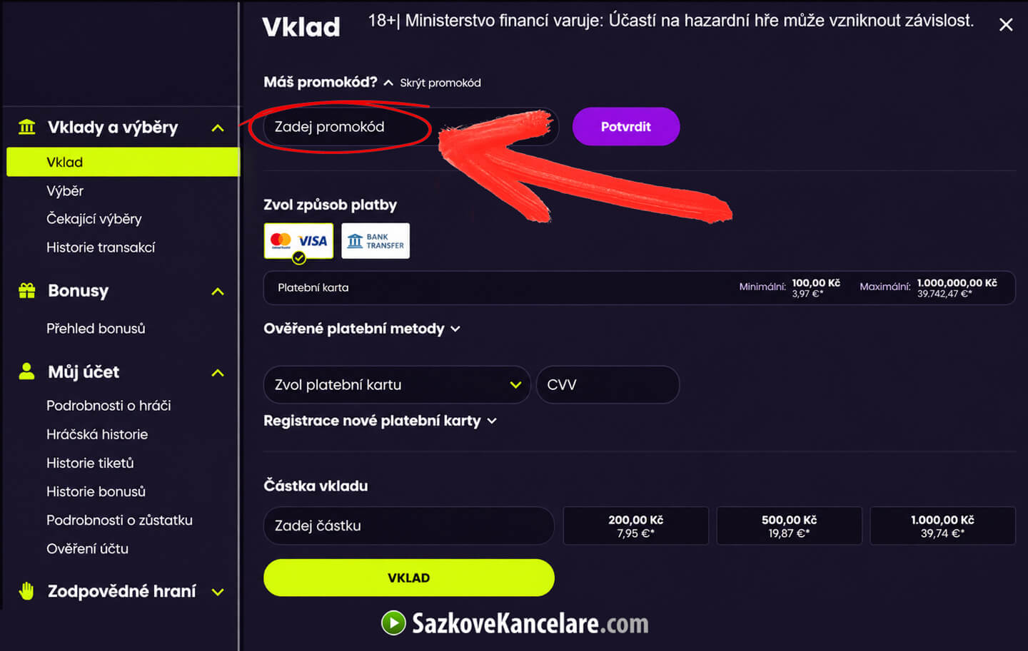 Detailní návod, kam vložit Kingsbet promo kód v sekci Vklad