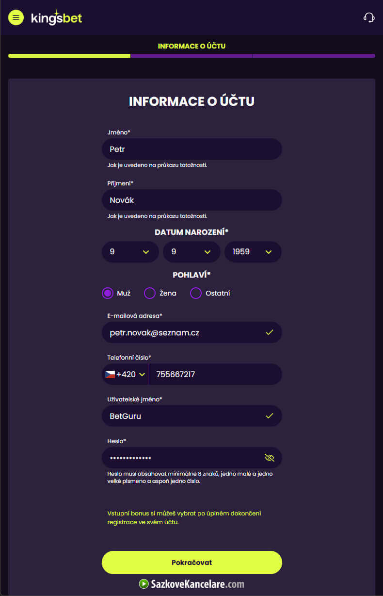 Kingsbet registrační formulář krok 1