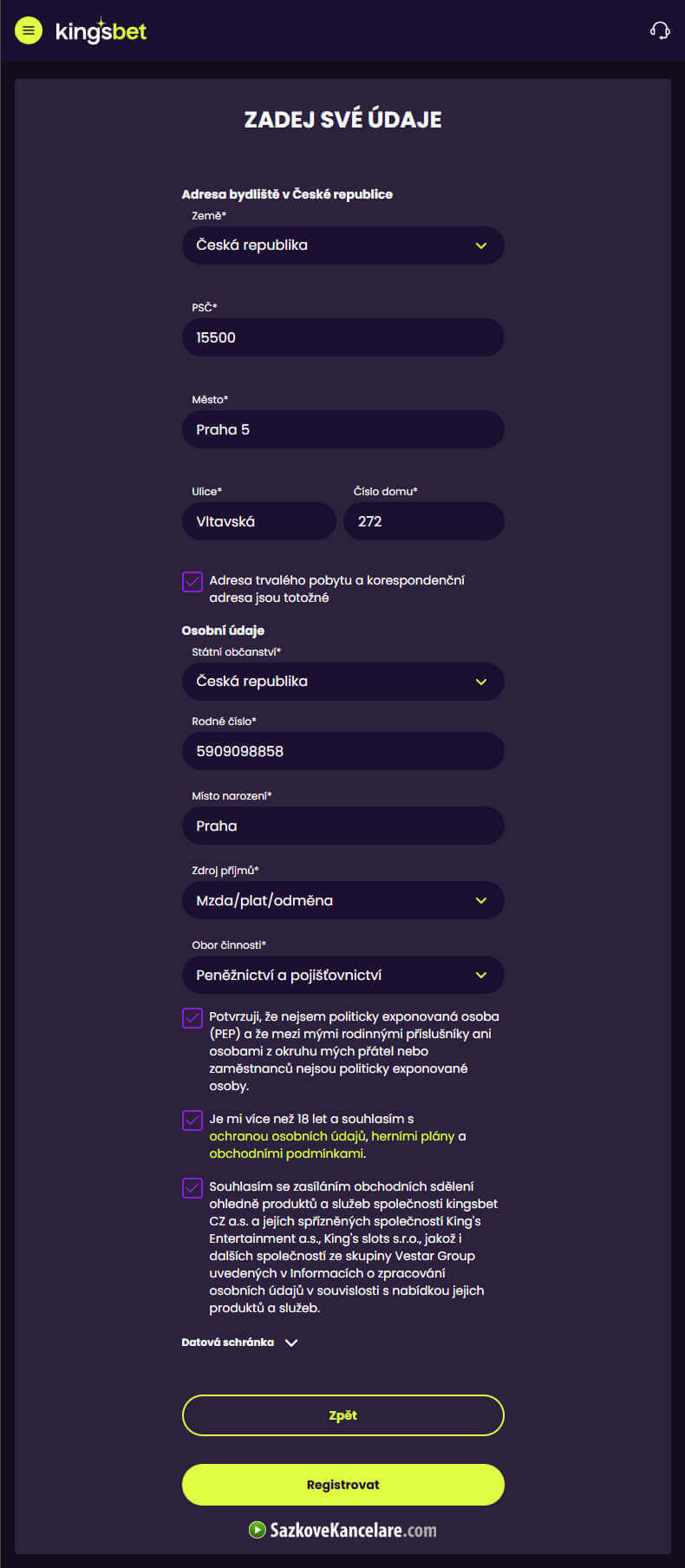Kingsbet registrační formulář další krok
