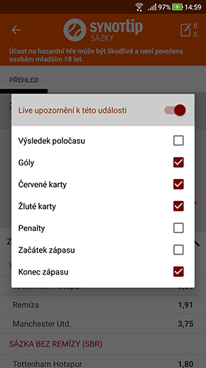 Live notifikace pro konkrétní zápas