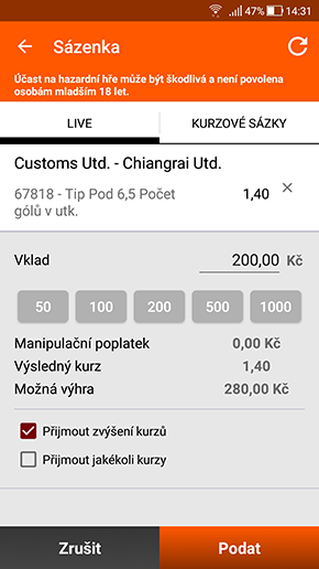 Live sázka v SYNOTtip aplikaci