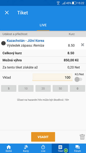 Live tiket v Tipsport appce