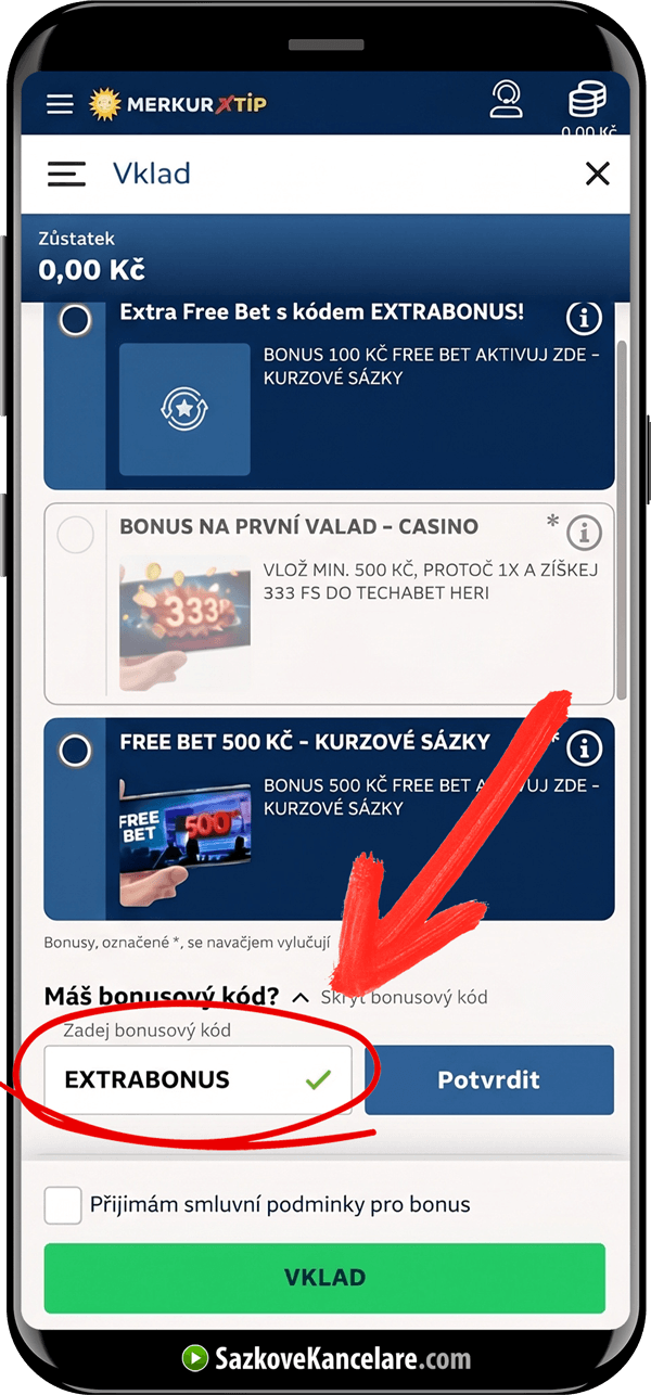 Pole pro bonusový kód při vkladu na mobilu
