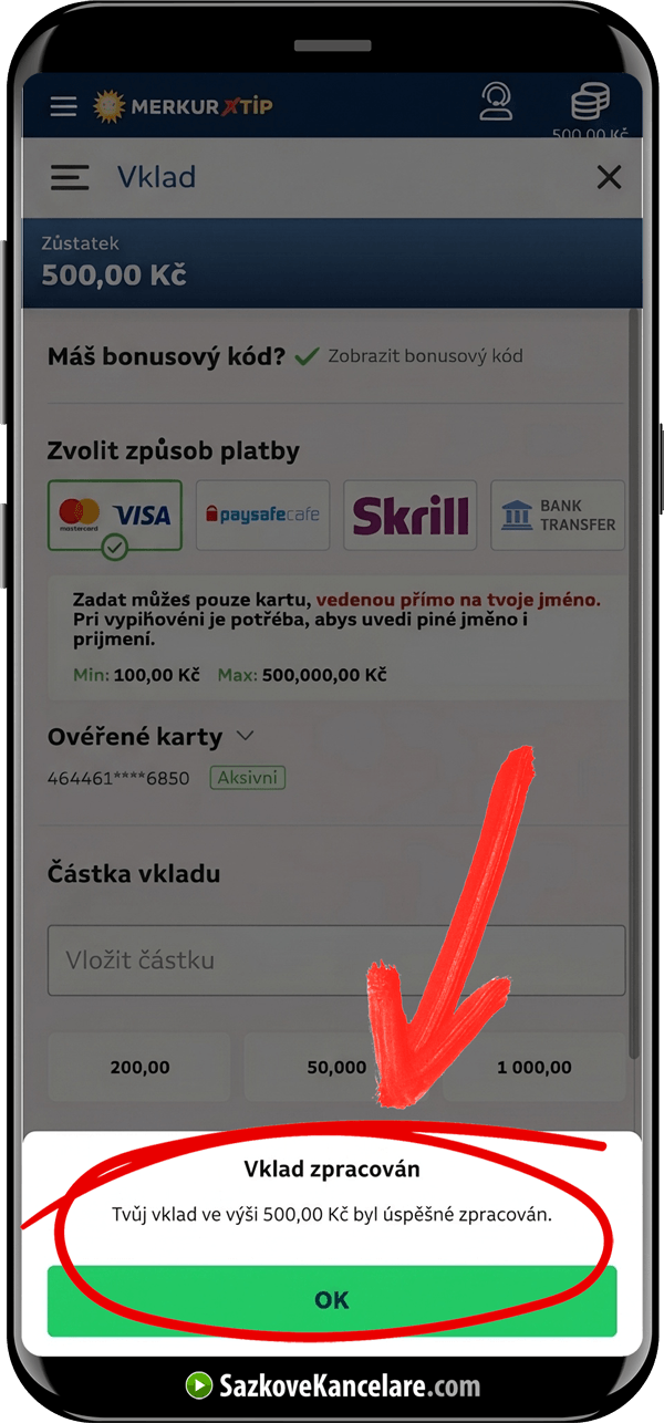 Potvrzení, že vklad do MerkurXtip byl připsán a úspěšně zpracován