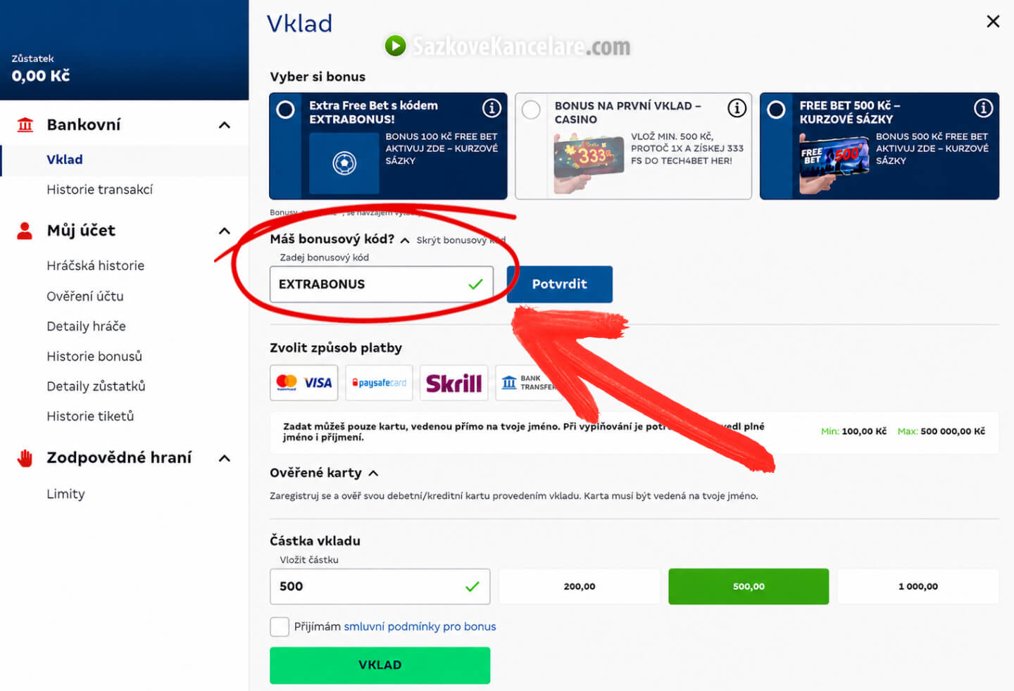 Ukázka pole pro bonusový kód při vkladu na počítači