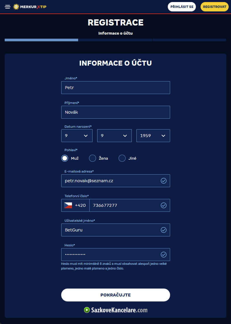 MerkurXtip registrační formulář krok 1