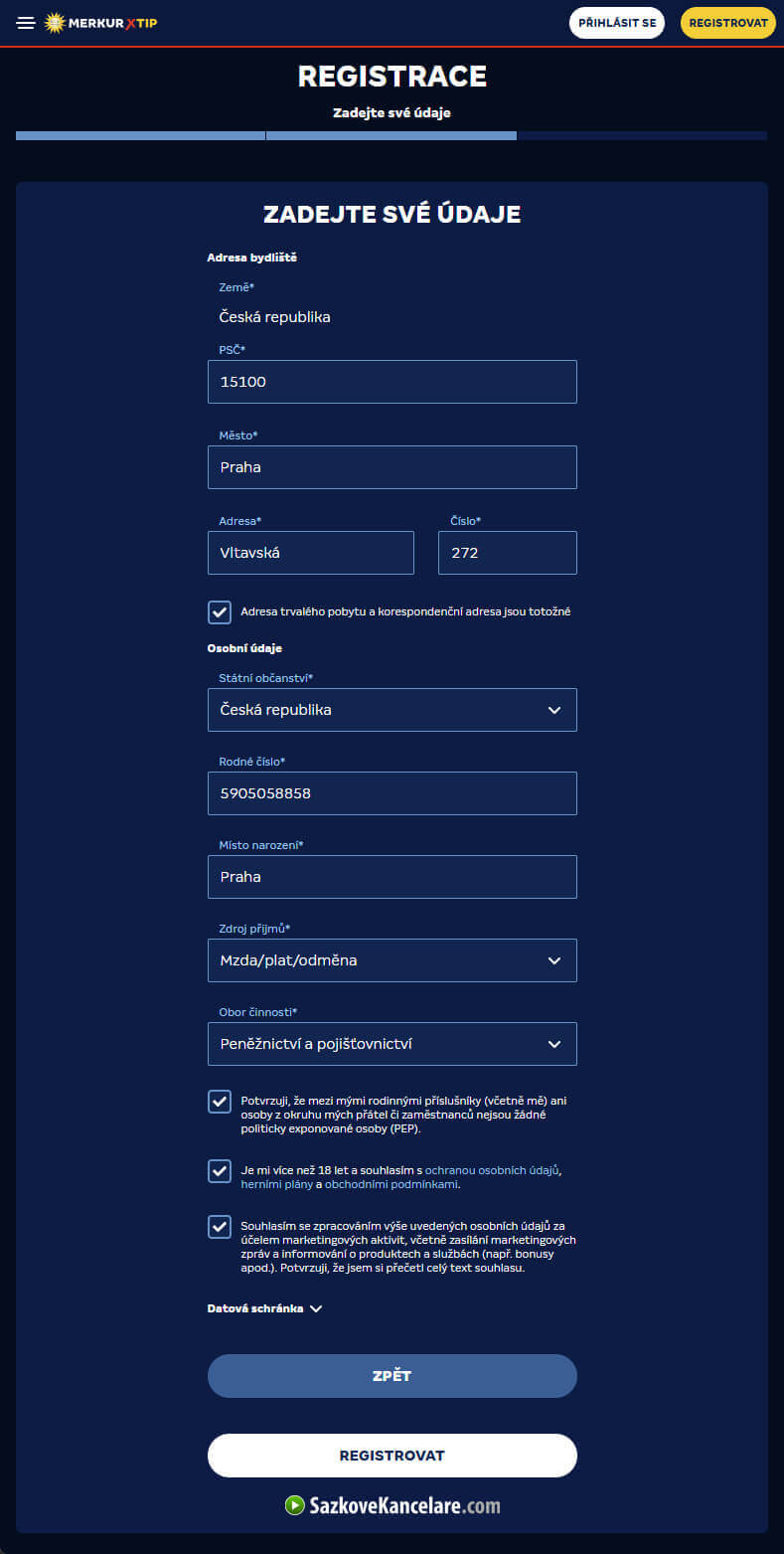MerkurXtip registrační formulář krok 2
