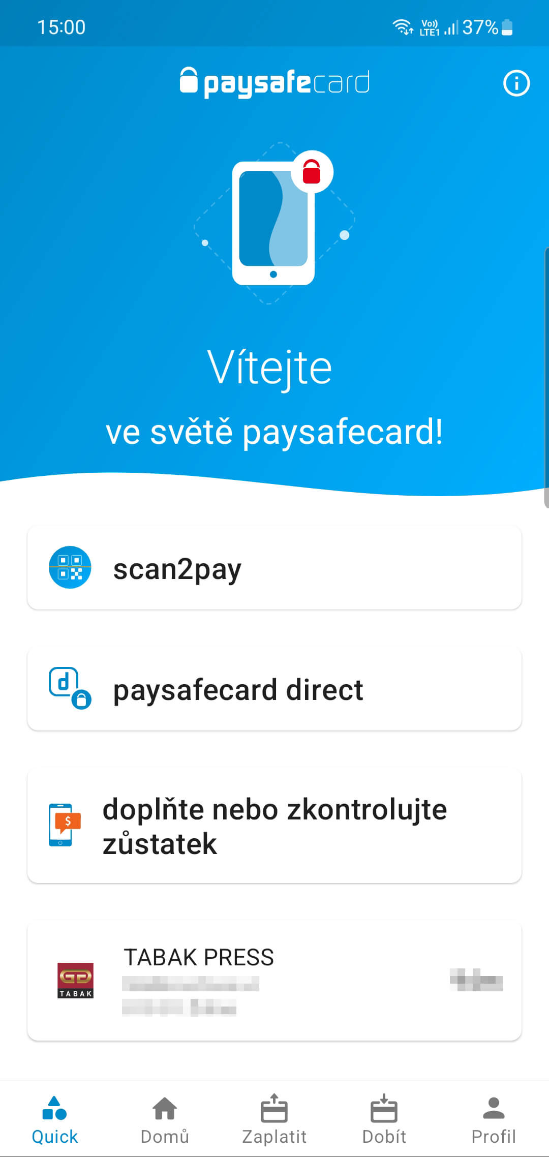 Úvodní obrazovka aplikace paysafecard