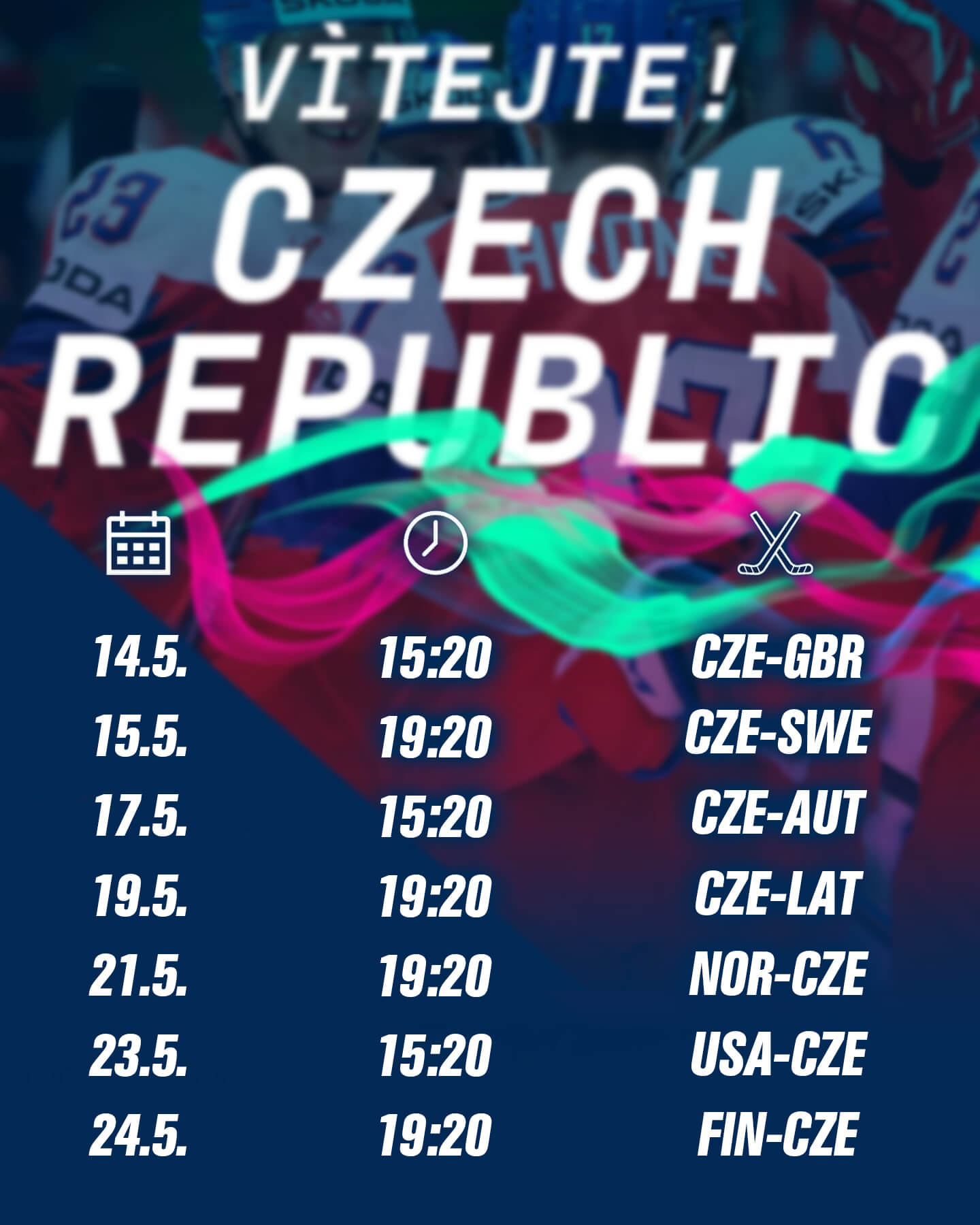 Rozpis zápasů ČR na MS v hokeji 2022