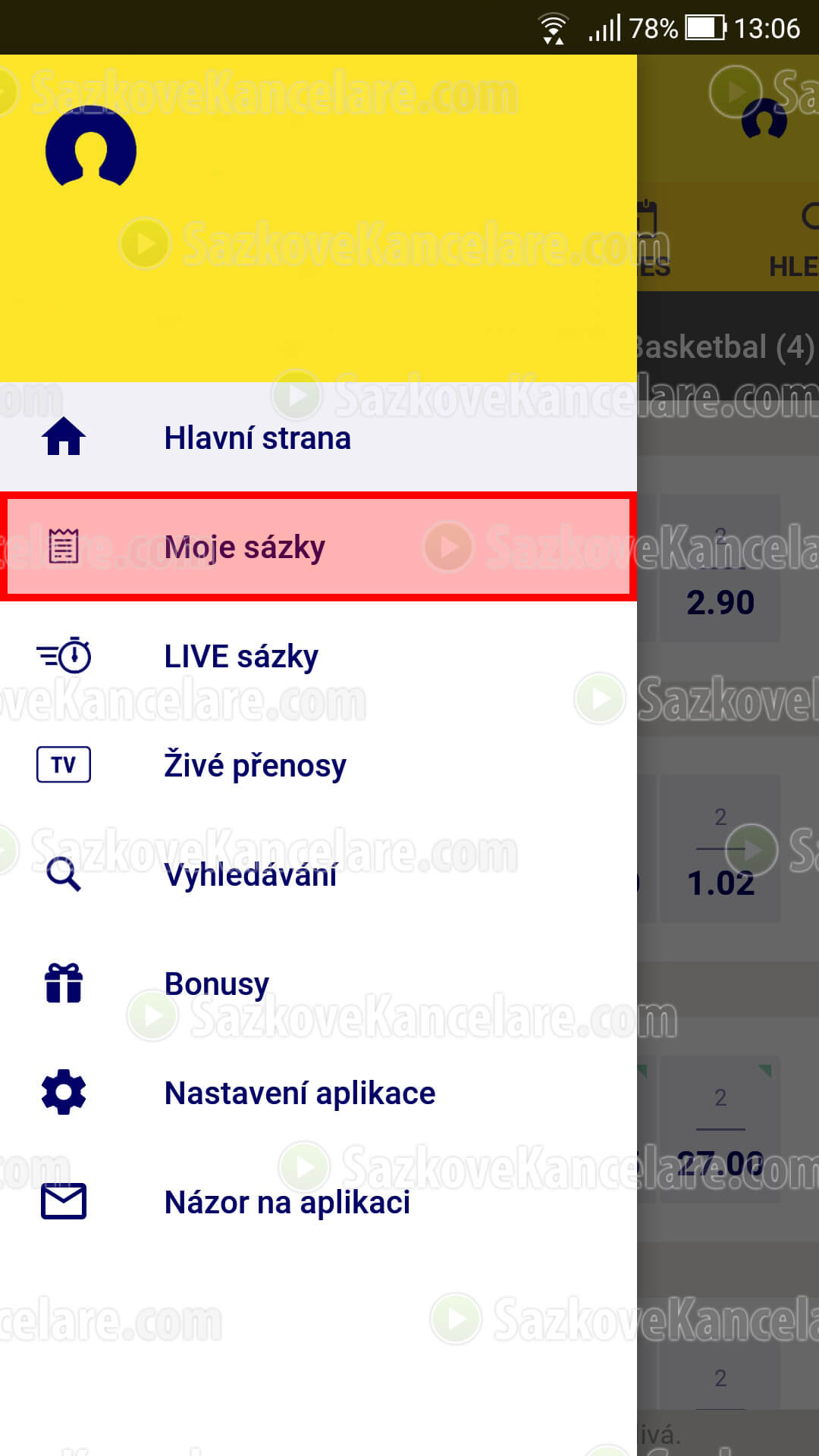 Kontrola tiketu v aplikaci Sazkabet – menu