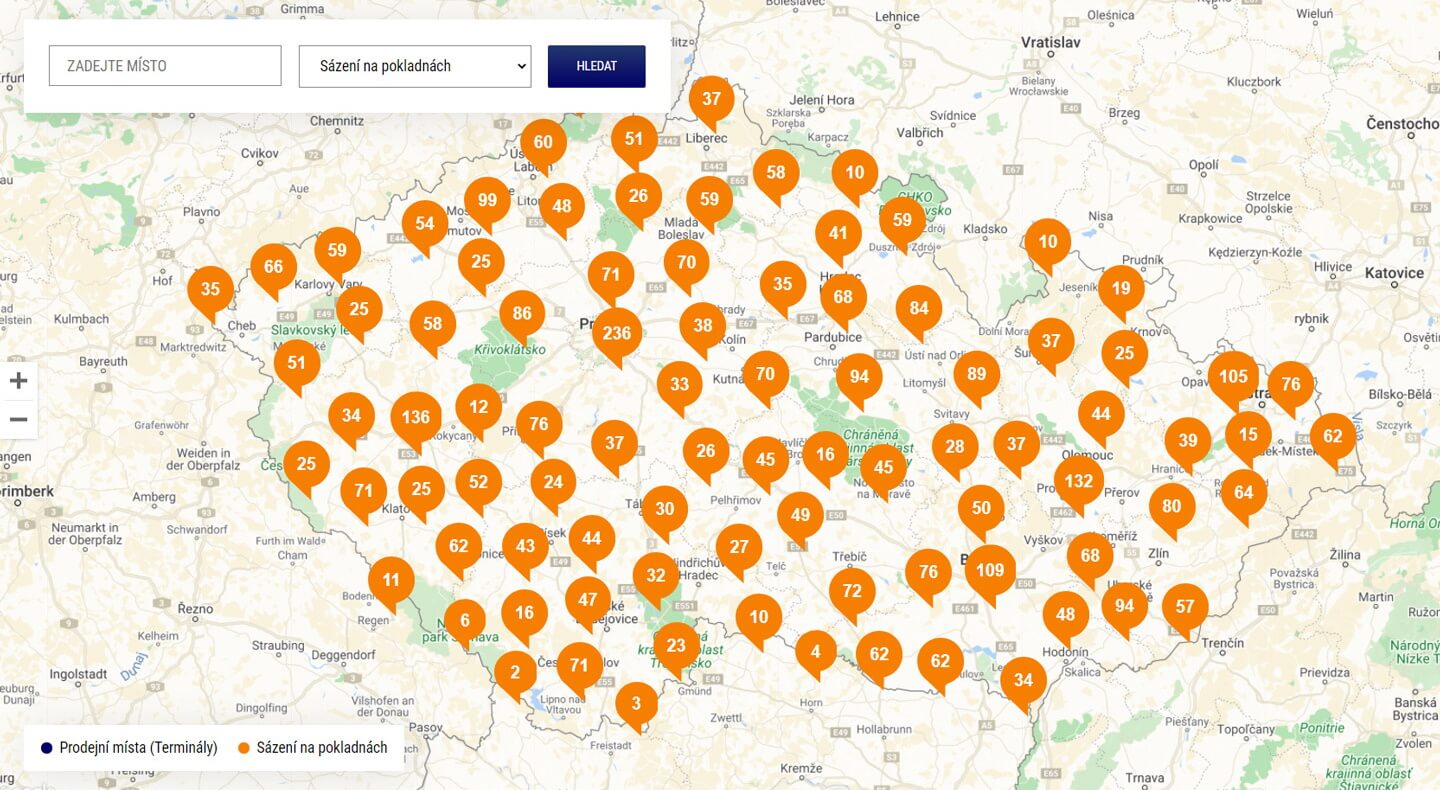 Mapa poboček Sazka v Česku