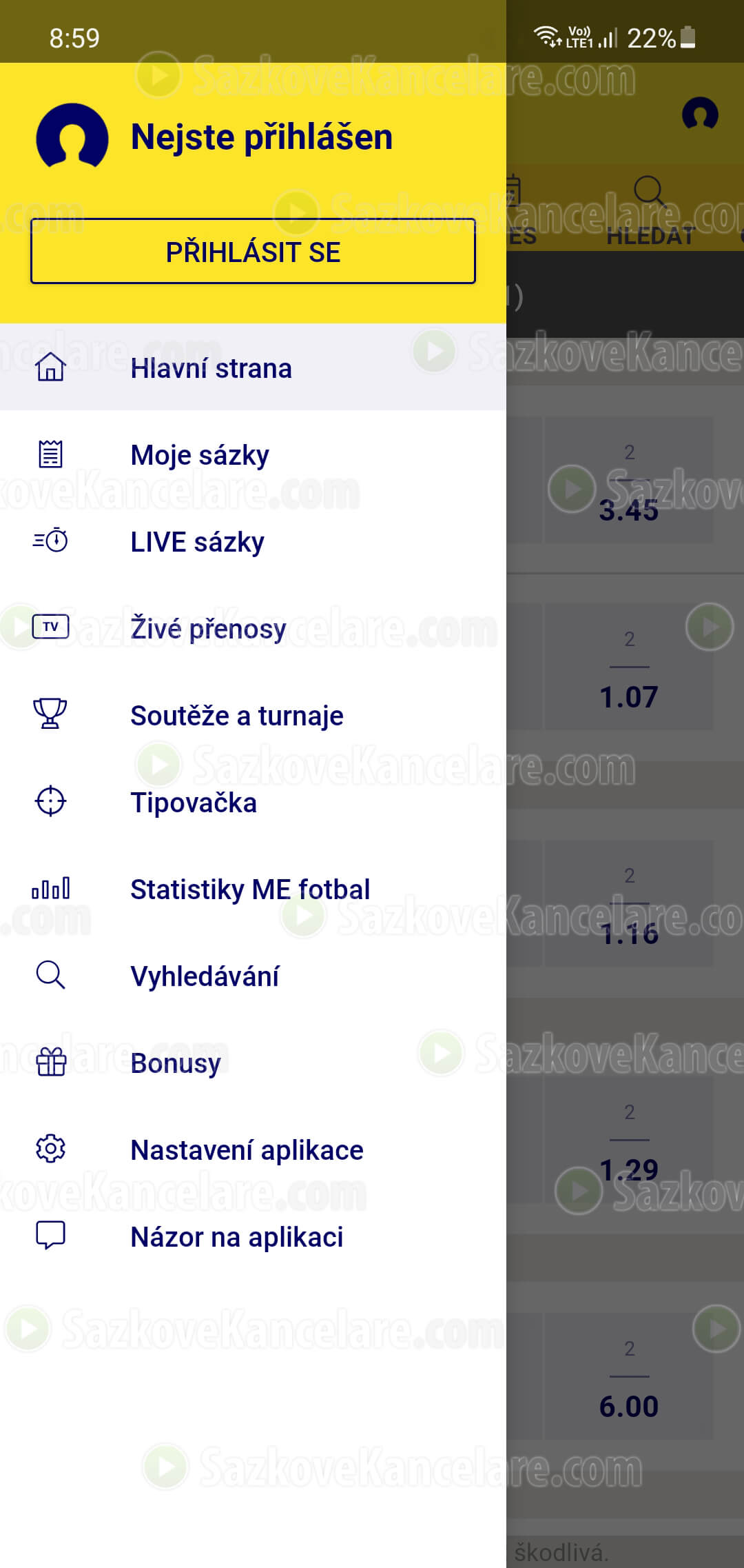 Boční menu Sazkabet apk