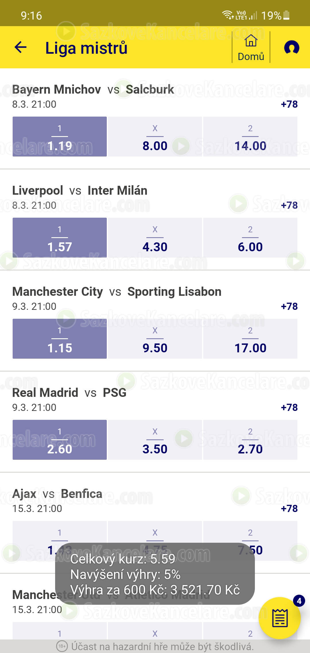 Výběr zápasů na tiket v appce Sazkabet