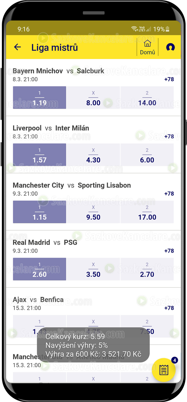Výběr zápasů na tiket v appce Sazkabet