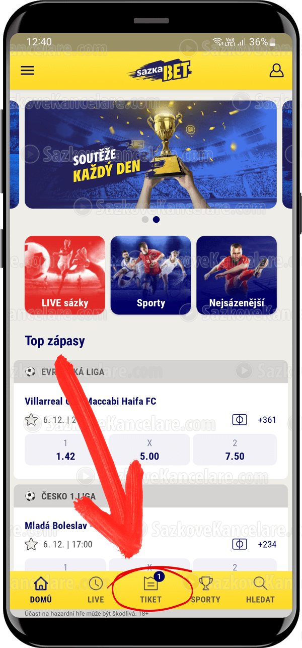 Kontrola tiketu v aplikaci Sazkabet – menu