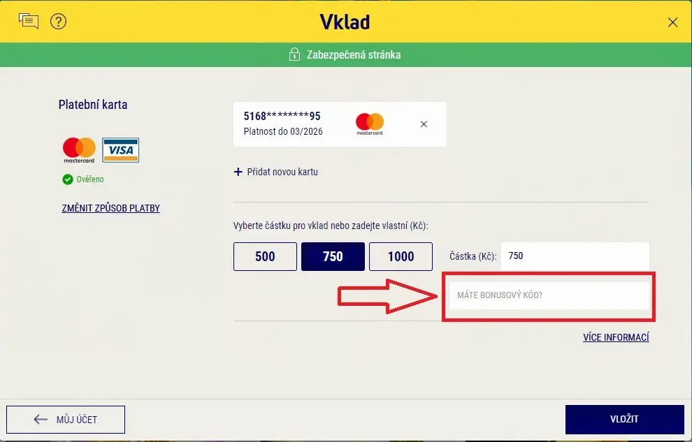 Sazka vklad: pole Máte bonusový kód? kam zadat hratydne