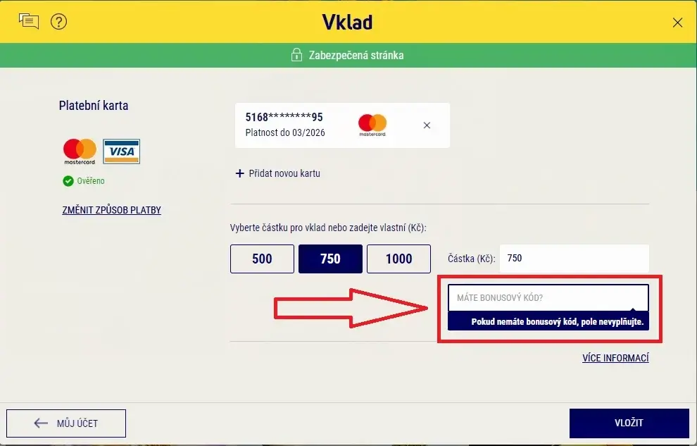 Sazka: pole Máte bonusový kód? je určené pro zadání kódu hratydne