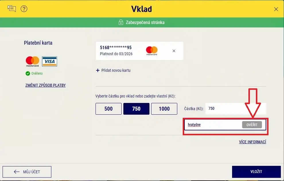 Zadání kódu hratydne v Sazce a potvrzení tlačítkem OVĚŘIT