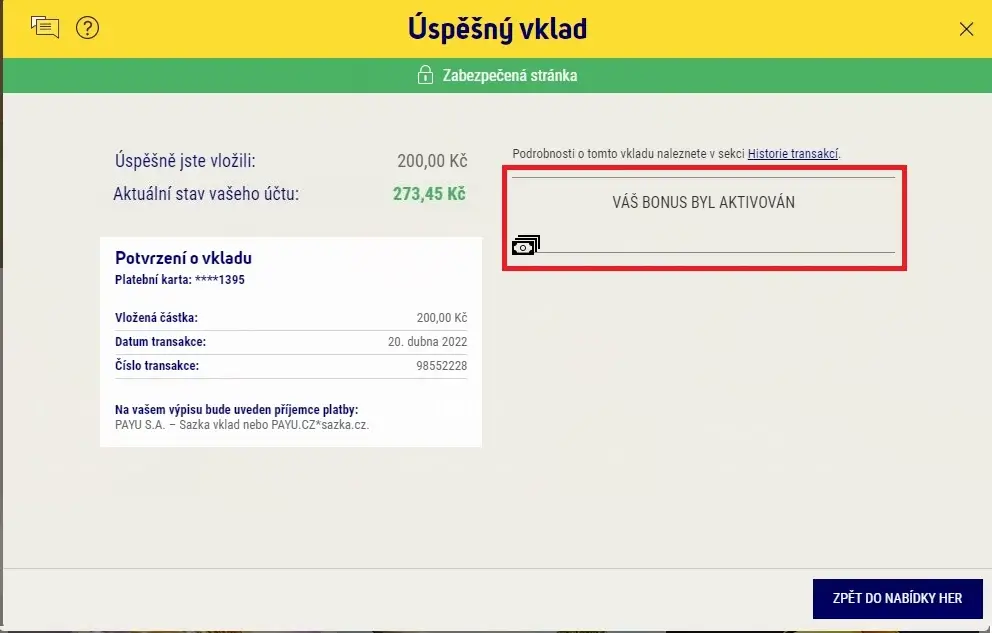 Sazka: Úspěšný vklad a potvrzení, že byl bonus aktivován po zadání kódu hratydne