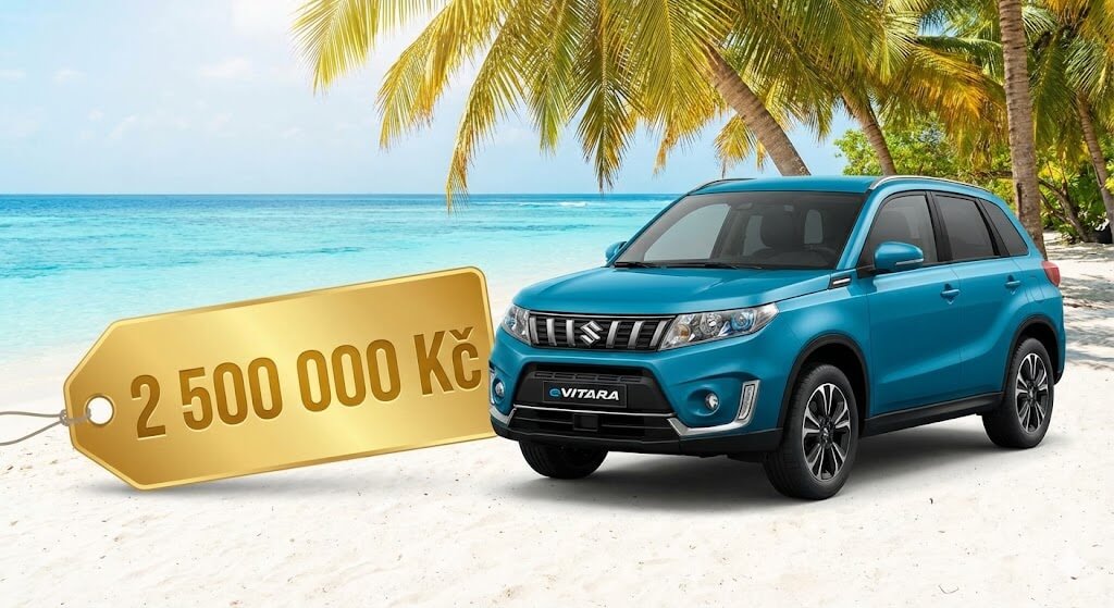 Hlavní výhra v Survivor 2026: Finanční odměna 2,5 milionu korun a nový automobil Suzuki e-Vitara na pláži.