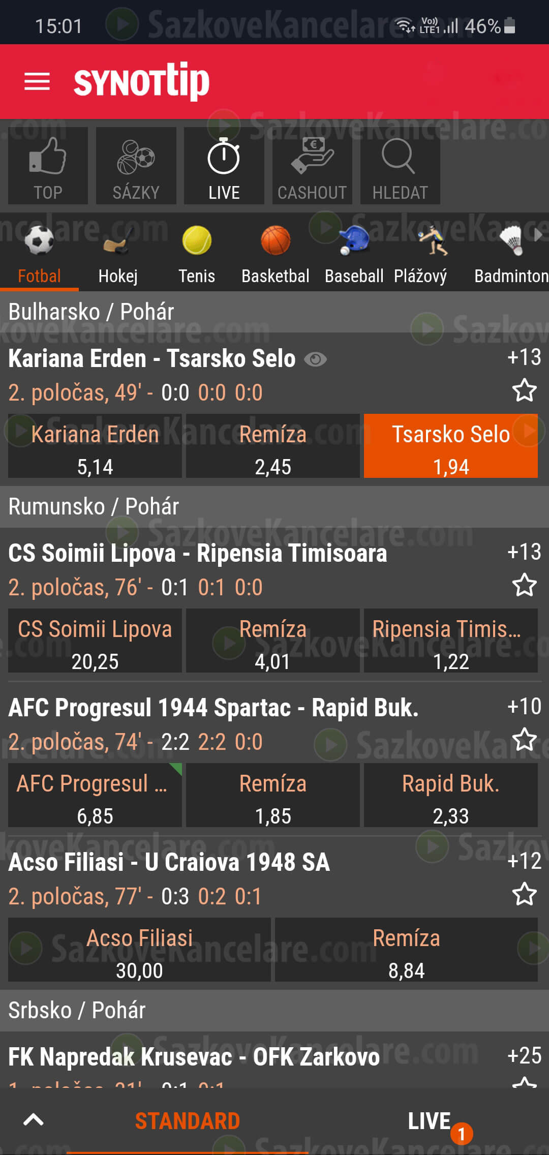 Ponuka Live sázek v aplikaci SYNOT TIP